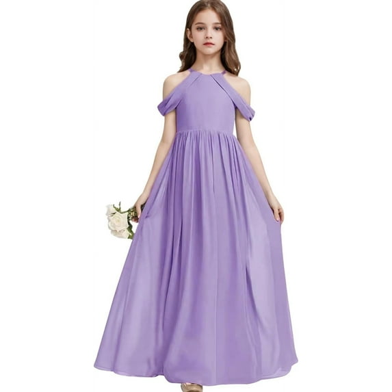 Drtj Girls A-Line Maxi Dress Junior Bridesmaid Flower Girl Dresses Off-Shoulder Chiffon Dress for Wedding Pageant