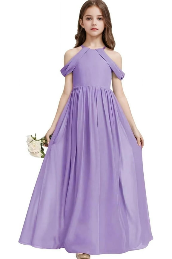 Girls A-Line Maxi Dress Junior Bridesmaid Flower Girl Dresses Off-Shoulder Chiffon Dress for Wedding Pageant