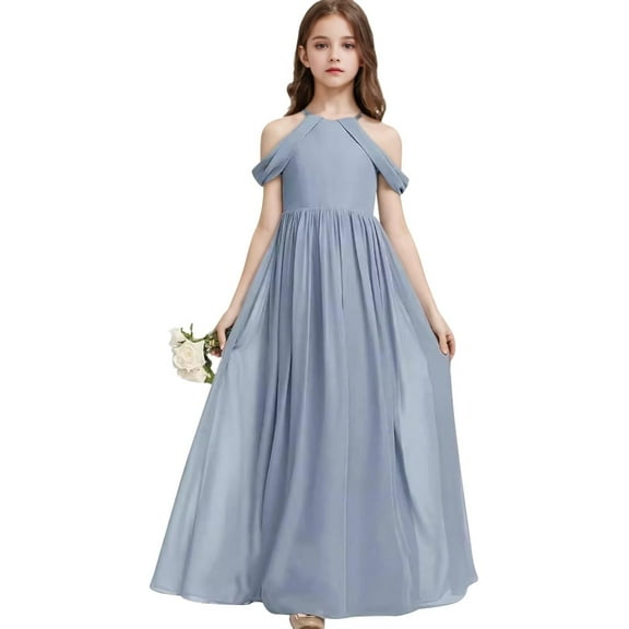 Drtj Girls A-Line Maxi Dress Junior Bridesmaid Flower Girl Dresses Off-Shoulder Chiffon Dress for Wedding Pageant