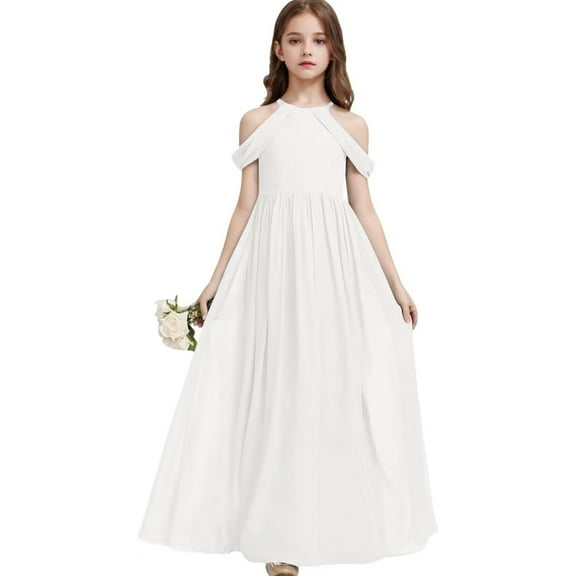 Drtj Girls A-Line Maxi Dress Junior Bridesmaid Flower Girl Dresses Off-Shoulder Chiffon Dress for Wedding Pageant