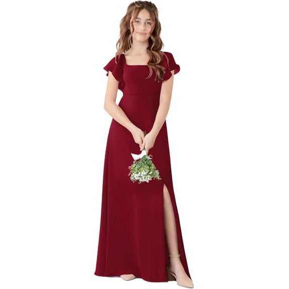 Drtj Girls Bridesmaid Dress for Wedding Chiffon Short Sleeve Flower Girl Dresses for Teen with Slit