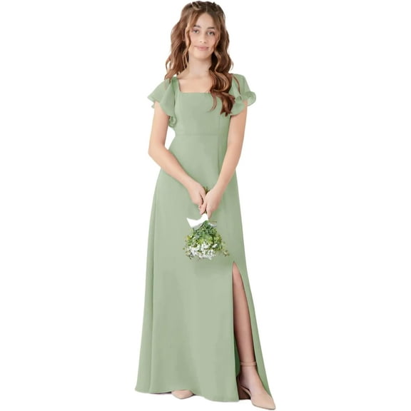 Drtj Girls Bridesmaid Dress for Wedding Chiffon Short Sleeve Flower Girl Dresses for Teen with Slit