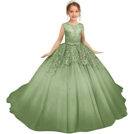 Drtj Girls' Lace Applique Flower Girl Dress for Wedding Elegant Sleeveless Ball Gown with Tulle Skirt Lace-Up Back Ages 2-16