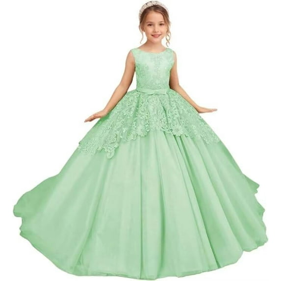 Drtj Girls' Lace Applique Flower Girl Dress for Wedding Elegant Sleeveless Ball Gown with Tulle Skirt Lace-Up Back Ages 2-16