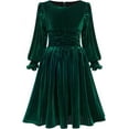 thumbnail image 1 of Drtj Girls' Long Sleeve Dress Velvet Crew Neck Midi Vintage Party Evening Gown for Christmas Wedding Holiday Winter Fall, Sized 11Y, Color Green, 1 of 7