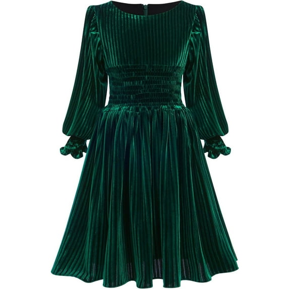 Drtj Girls' Long Sleeve Dress Velvet Crew Neck Midi Vintage Party Evening Gown for Christmas Wedding Holiday Winter Fall, Sized 11Y, Color Green