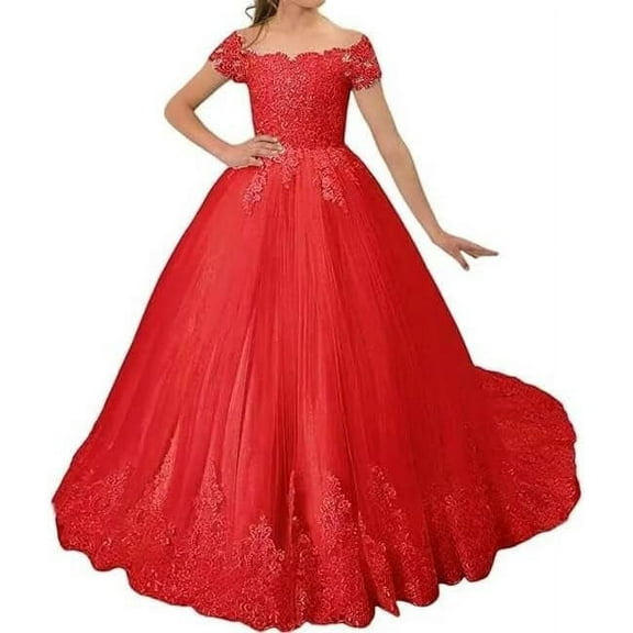 Drtj Girls Off-Shoulder Lace & Tulle Flower Girl Dress – Elegant Wedding Pageant Gown, A-Line Floor-Length (Ages 2-16)