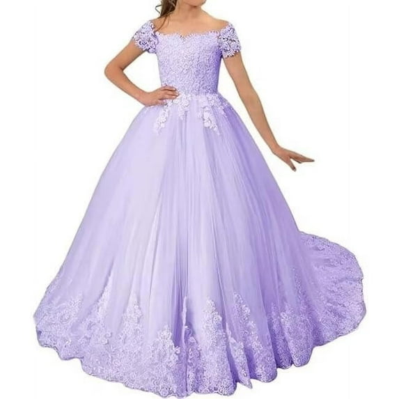 Drtj Girls Off-Shoulder Lace & Tulle Flower Girl Dress – Elegant Wedding Pageant Gown, A-Line Floor-Length (Ages 2-16)
