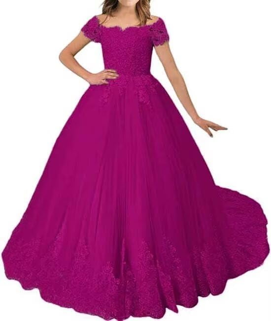 Peach 3D Lace Flower Tulle Off Shoulder Wedding Flower Girl Dress Kids Pageant Gown