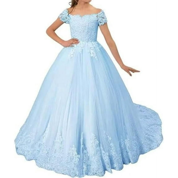 Drtj Girls Off-Shoulder Lace & Tulle Flower Girl Dress – Elegant Wedding Pageant Gown, A-Line Floor-Length (Ages 2-16)