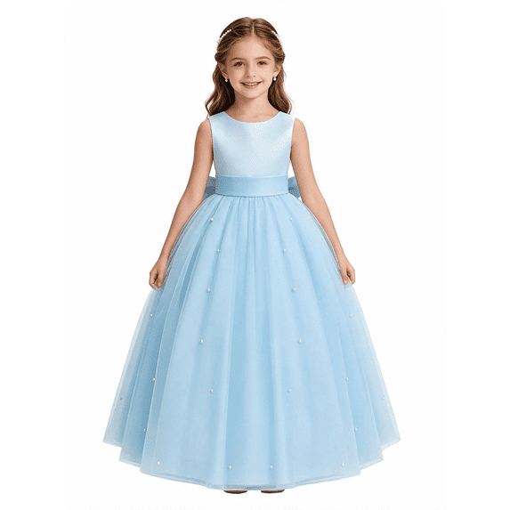 Drtj Girls Satin Tulle Long Formal Dress Sleeveless Neck Length Flower Girl Dress for Wedding Birthday