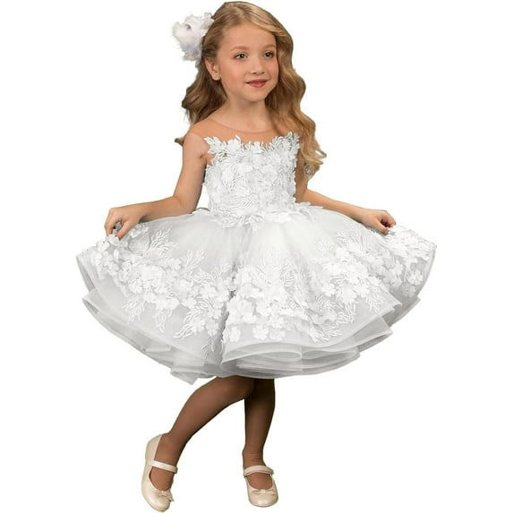 Drtj Girls' Short Flower Girl Dress with 3D Lace Appliques First Communion Pageant Dress Tulle Ball Gown for Weddings Parties (Sizes 2-16)