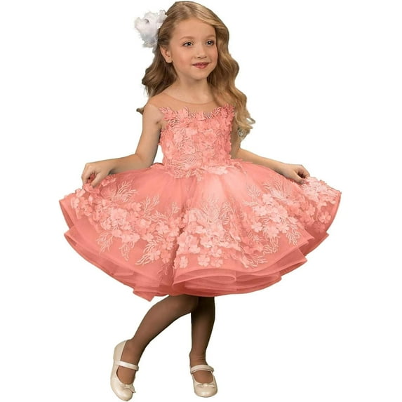 Drtj Girls' Short Flower Girl Dress with 3D Lace Appliques First Communion Pageant Dress Tulle Ball Gown for Weddings Parties (Sizes 2-16)