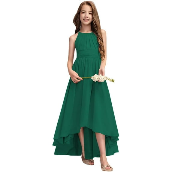 Drtj Junior Bridesmaid Dresses A-Line Halter High Low Dresses Chiffon for Wedding Party