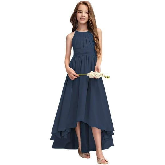 Drtj Junior Bridesmaid Dresses A-Line Halter High Low Dresses Chiffon for Wedding Party