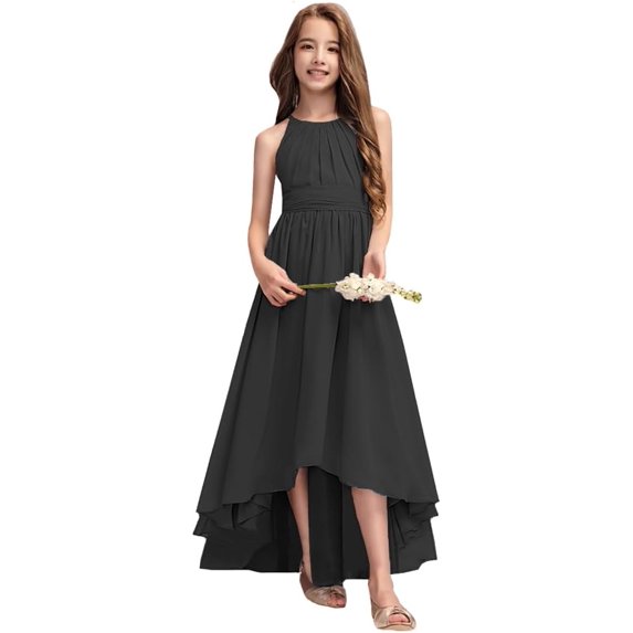 Drtj Junior Bridesmaid Dresses A-Line Halter High Low Dresses Chiffon for Wedding Party