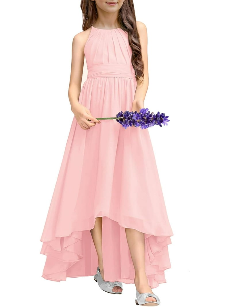 junior formal high low dresses Drtj Bridesmaid A-Line Halter Dresses Chiffon for Wedding Party, Women's, Size: 14, Pink show compare price