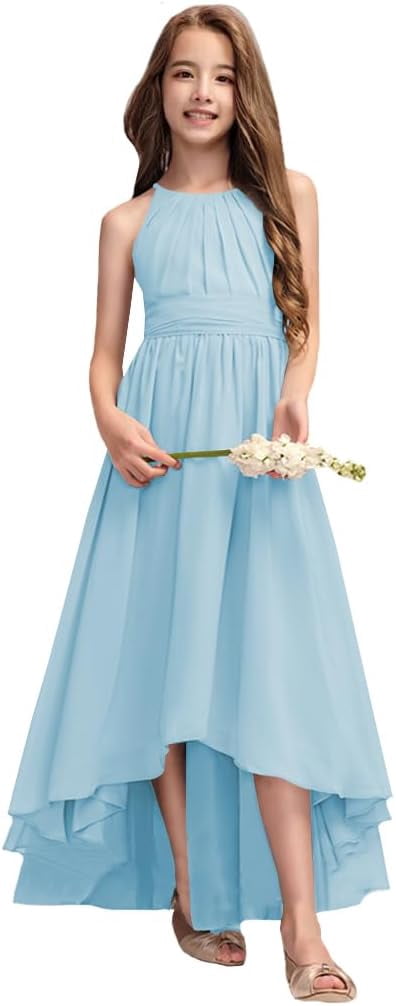 Drtj Junior Bridesmaid Dresses A-Line Halter High Low Dresses Chiffon for Wedding Party