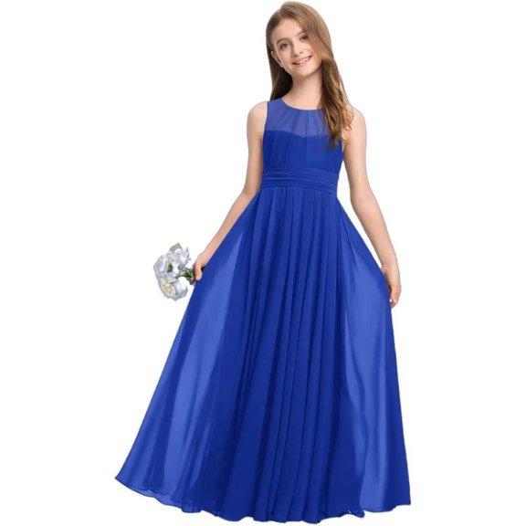 Drtj Kid Teen Girls Bridesmaid Dress A-line Scoop Floor-Length Chiffon Sleeveless Dress