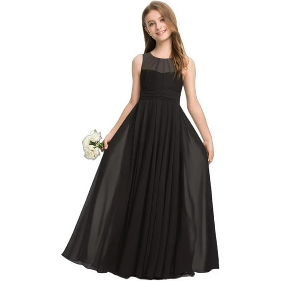 Drtj Kid Teen Girls Bridesmaid Dress A-line Scoop Floor-Length Chiffon Sleeveless Dress