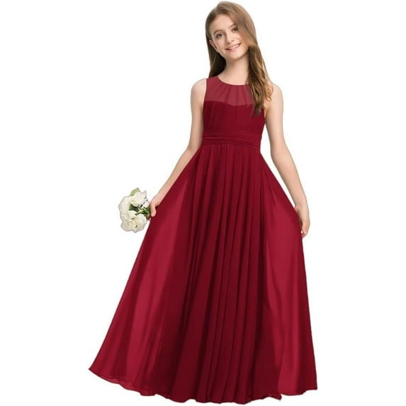 Drtj Kid Teen Girls Bridesmaid Dress A-line Scoop Floor-Length Chiffon Sleeveless Dress