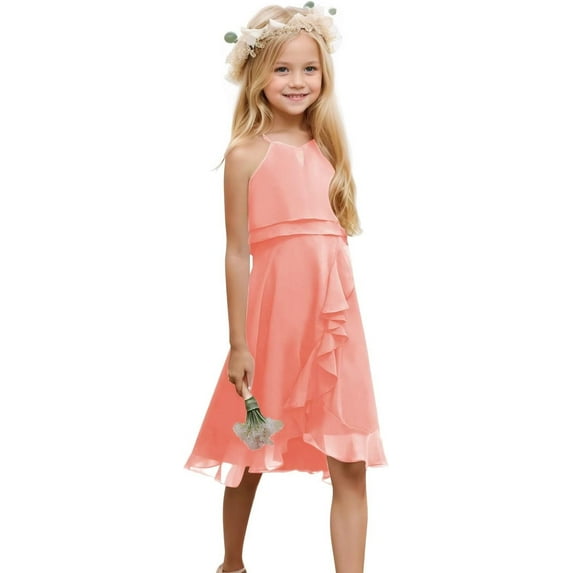 Drtj Kids A-Line Halter Neck Chiffon Junior Bridesmaid Dresses Fancy Girl Dress Wedding Elegant Party Gown