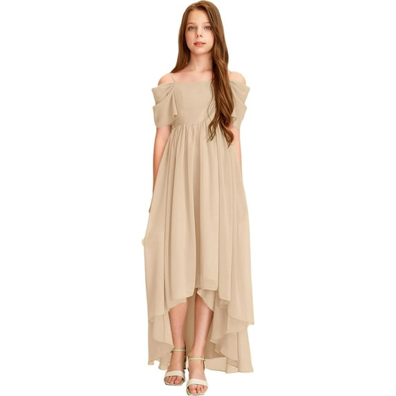 Drtj Kids Junior Bridesmaid Off Shoulder Dresses Asymmetrical Chiffon Flower Girls Party Pageant Gown