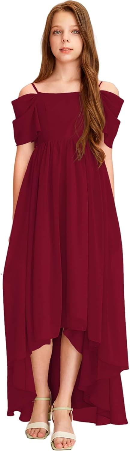 Azazie Bridesmaid Wine Colored Junior Bridesmaid Dresses Square Pleated  A-line Chiffon Junior Bridesmaid Dress Cinnamon