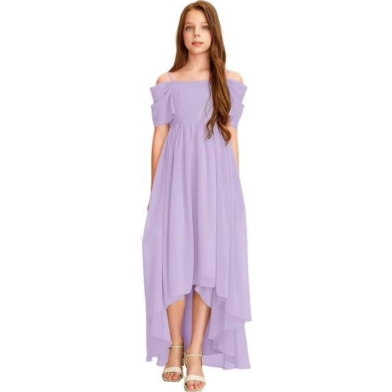 Drtj Kids Junior Bridesmaid Off Shoulder Dresses Asymmetrical Chiffon Flower Girls Party Pageant Gown