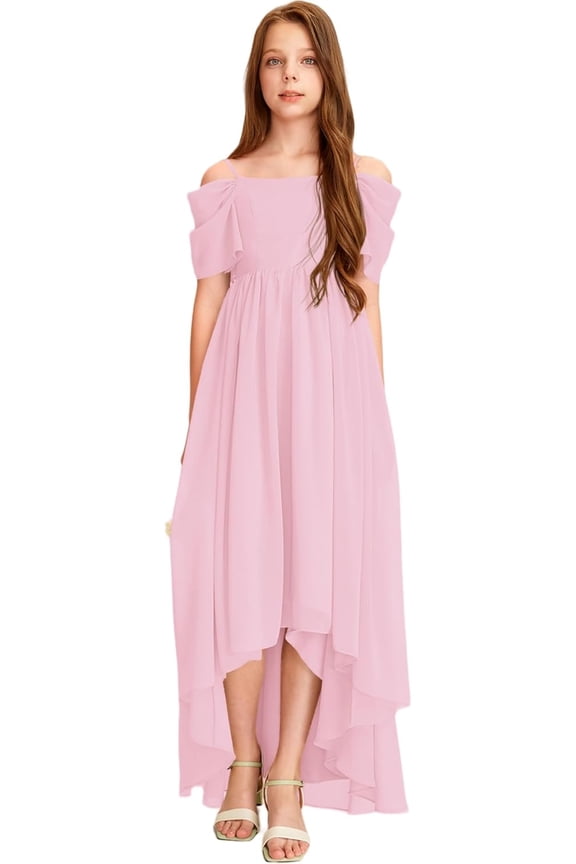 Kids Junior Bridesmaid Off Shoulder Dresses Asymmetrical Chiffon Flower Girls Party Pageant Gown