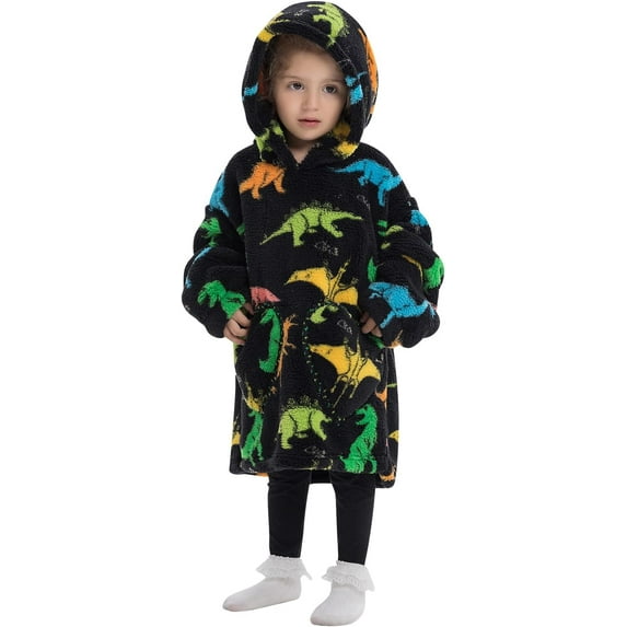 Drtj Kids Oversized Wearable Blanket Hoodie, Super Soft Warm Comfortable Sweatshirt Pullover Wearable Blanket for Boys Girls, Multicolored dinosaur, 3-6Y
