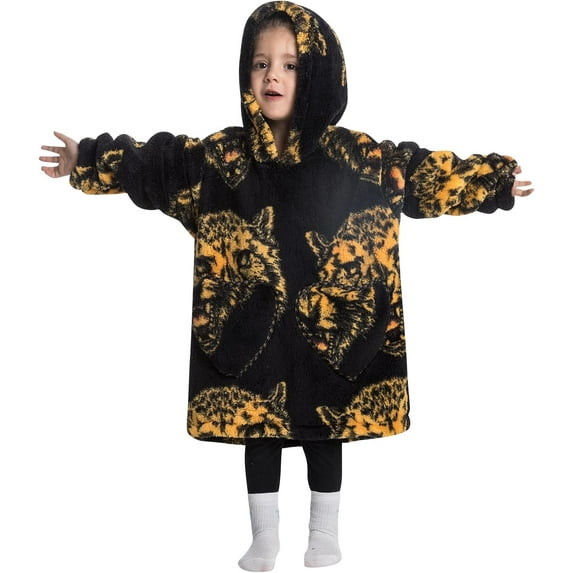 Drtj Kids Oversized Wearable Blanket Hoodie, Super Soft Warm Comfortable Sweatshirt Pullover Wearable Blanket for Boys Girls, Leopard, 9-12Y