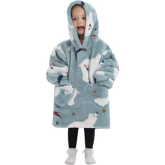 Drtj Kids Oversized Wearable Blanket Hoodie, Super Soft Warm Comfortable Sweatshirt Pullover Wearable Blanket for Boys Girls, Polar bear,9-12Y