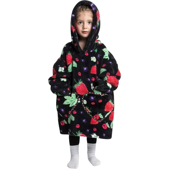 Drtj Kids Oversized Wearable Blanket Hoodie, Super Soft Warm Comfortable Sweatshirt Pullover Wearable Blanket for Boys Girls, Strawberry, 3-6Y