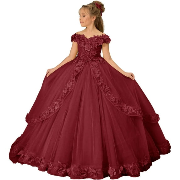 Drtj Kids Teens Flower Girl Dress Appliques - Tulle Princess Pageant Long Ball Gown Dresses