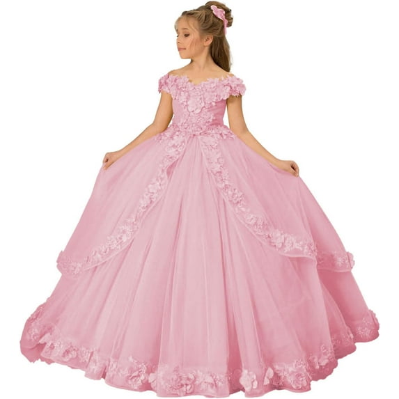 Drtj Kids Teens Flower Girl Dress Appliques - Tulle Princess Pageant Long Ball Gown Dresses