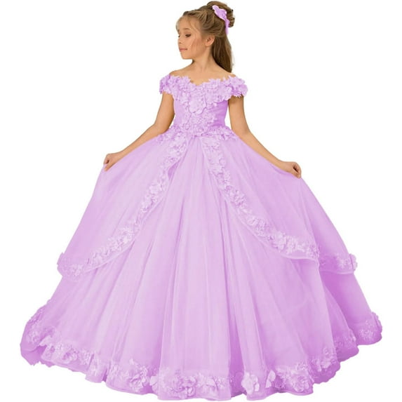 Drtj Kids Teens Flower Girl Dress Appliques - Tulle Princess Pageant Long Ball Gown Dresses