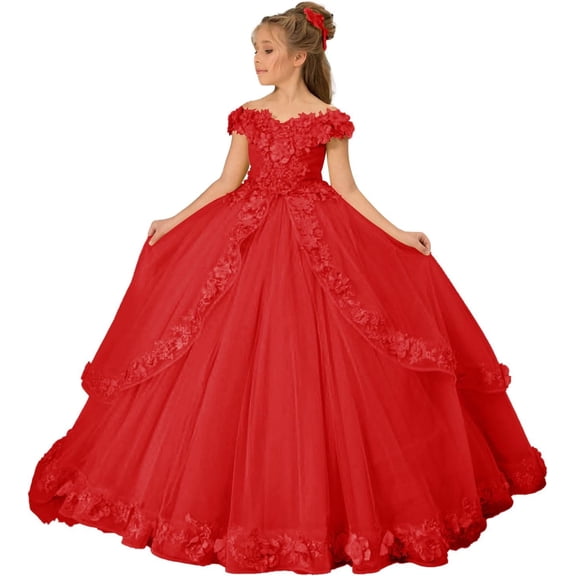 Drtj Kids Teens Flower Girl Dress Appliques - Tulle Princess Pageant Long Ball Gown Dresses