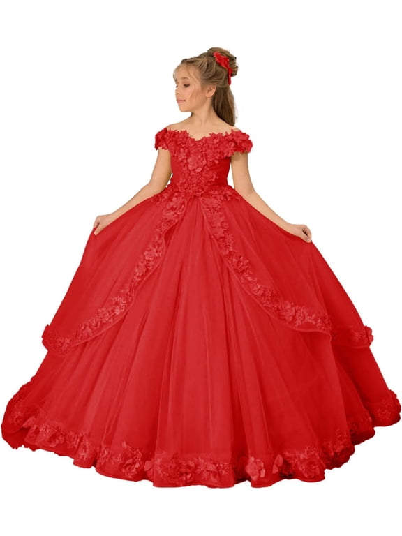 Kids Teens Flower Girl Dress Appliques - Tulle Princess Pageant Long Ball Gown Dresses