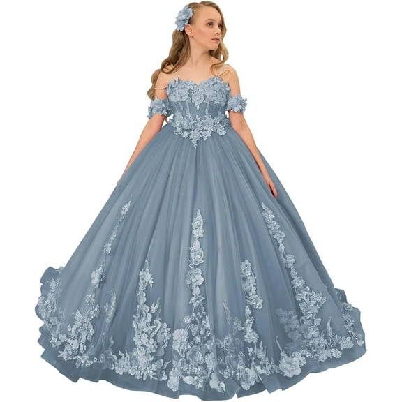 Drtj Kids Teens Flower Girl Dress Wedding Off-Shoulder Tulle Appliques Elegant Pageant Dresses
