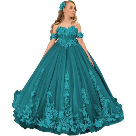 Drtj Kids Teens Flower Girl Dress Wedding Off-Shoulder Tulle Appliques Elegant Pageant Dresses