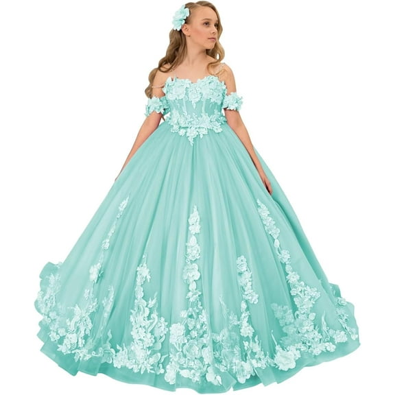 Drtj Kids Teens Flower Girl Dress Wedding Off-Shoulder Tulle Appliques Elegant Pageant Dresses