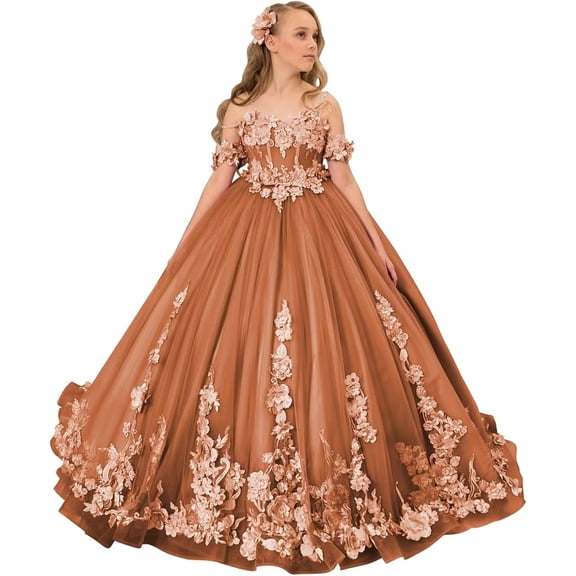 Drtj Kids Teens Flower Girl Dress Wedding Off-Shoulder Tulle Appliques Elegant Pageant Dresses