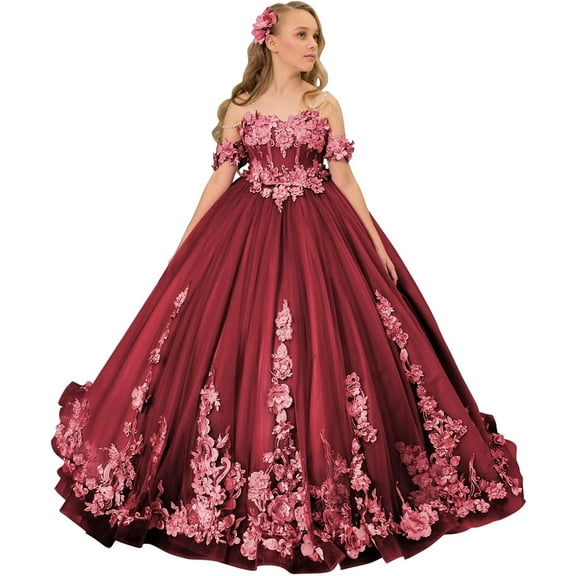 Drtj Kids Teens Flower Girl Dress Wedding Off-Shoulder Tulle Appliques Elegant Pageant Dresses