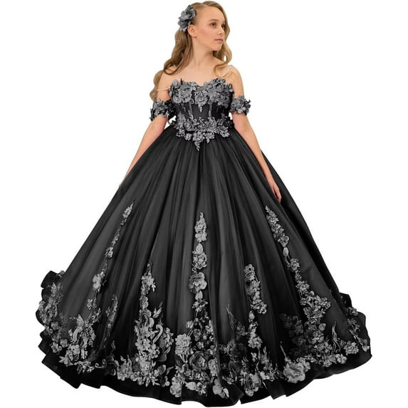 Drtj Kids Teens Flower Girl Dress Wedding Off-Shoulder Tulle Appliques Elegant Pageant Dresses