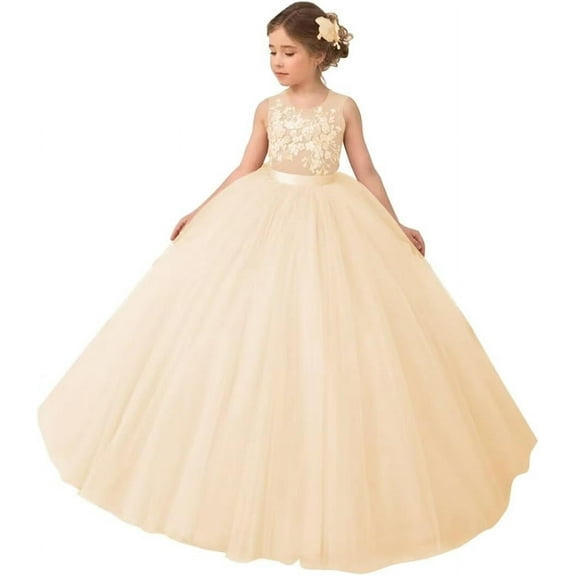 Drtj Lace Applique Flower Girl Dress Elegant Tulle Princess Ball Gown for Weddings First Communion & Pageants (Ages 2-16)