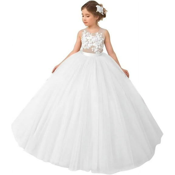 Drtj Lace Applique Flower Girl Dress Elegant Tulle Princess Ball Gown for Weddings First Communion & Pageants (Ages 2-16)