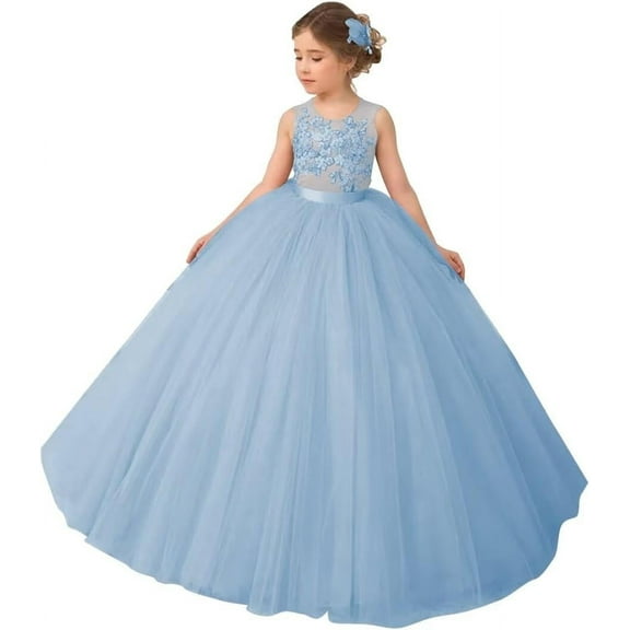 Drtj Lace Applique Flower Girl Dress Elegant Tulle Princess Ball Gown for Weddings First Communion & Pageants (Ages 2-16)