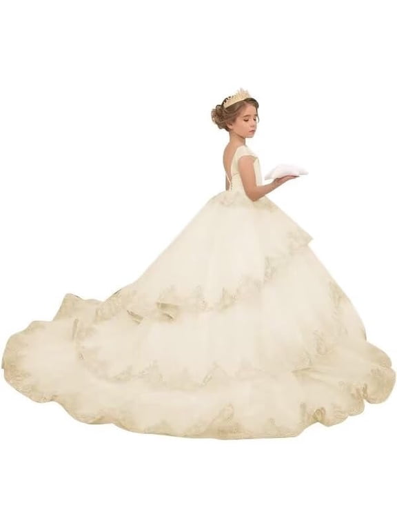 Lace Appliques Flower Girl Dress Sleeveless Tulle Pageant Gown for Wedding First Communion Party Princess Ball Gown (No Petticoat)