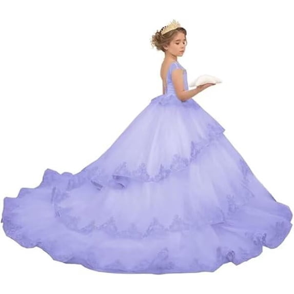 Drtj Lace Appliques Flower Girl Dress Sleeveless Tulle Pageant Gown for Wedding First Communion Party Princess Ball Gown (No Petticoat)
